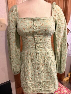 SABO Sage Green Floral Button-Front Mini Dress